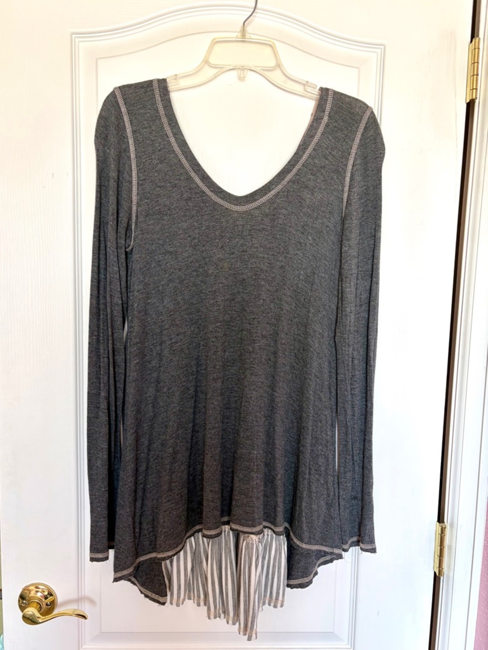 Anthropologie Scrapbook Originals Gray Mixed Media Tunic Top Lace Ruffles Stripe - Picture 13 of 16